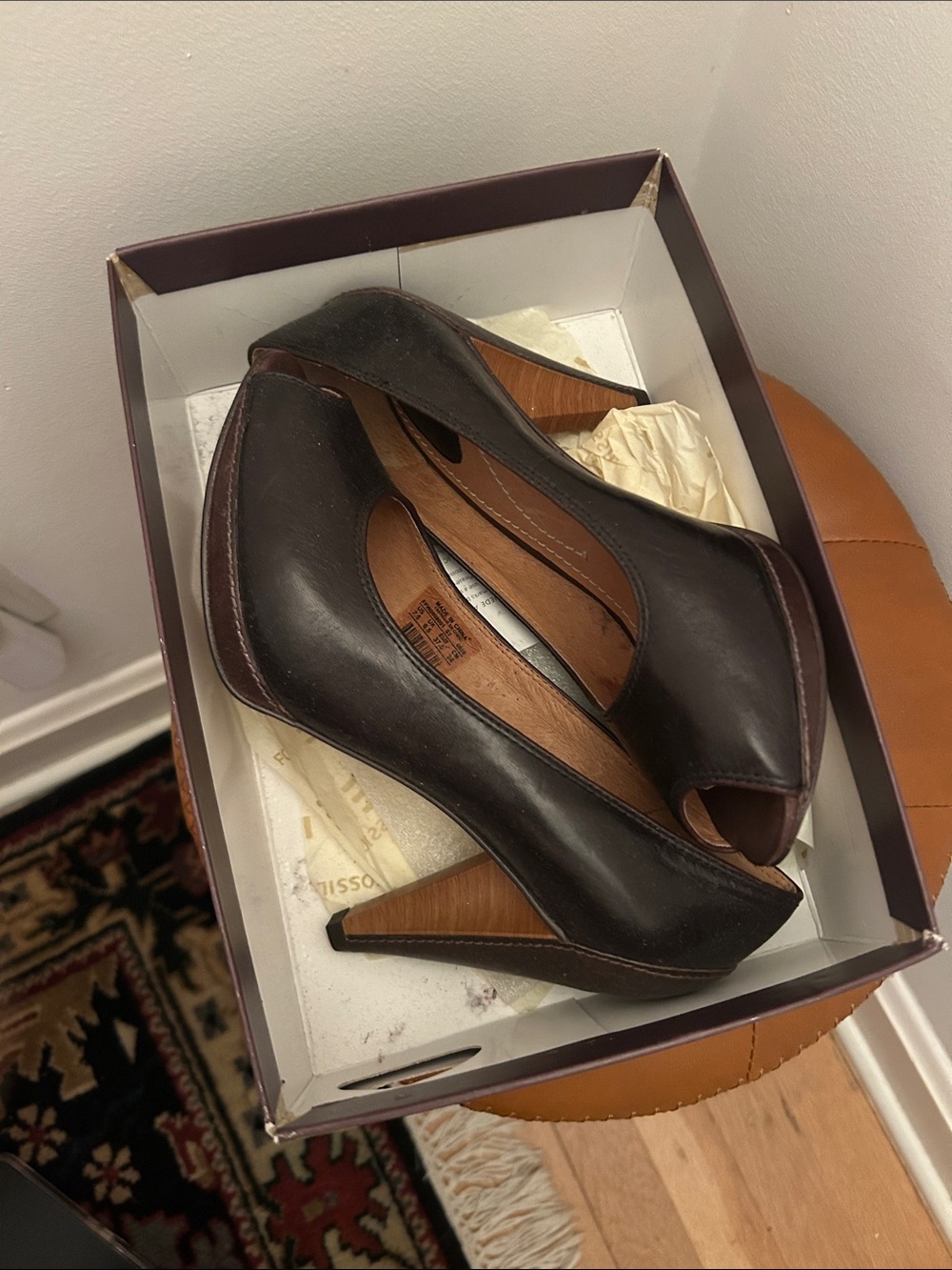 Fossil Dark Brown Peep-Toe Wedge Heels